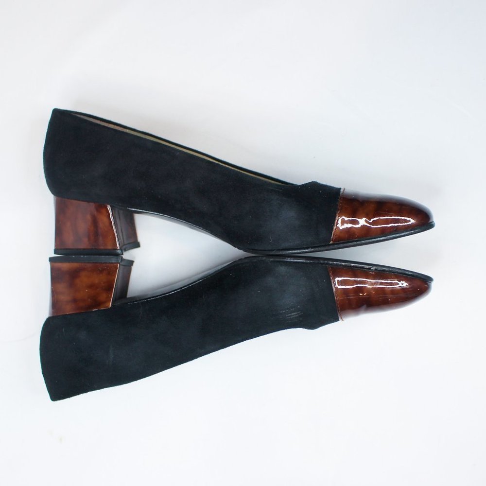 Vintage Etienne Aigner Black Suede Brown Tortoise Shell Block Heel 90s 8.5 Pumps - Picture 10 of 14